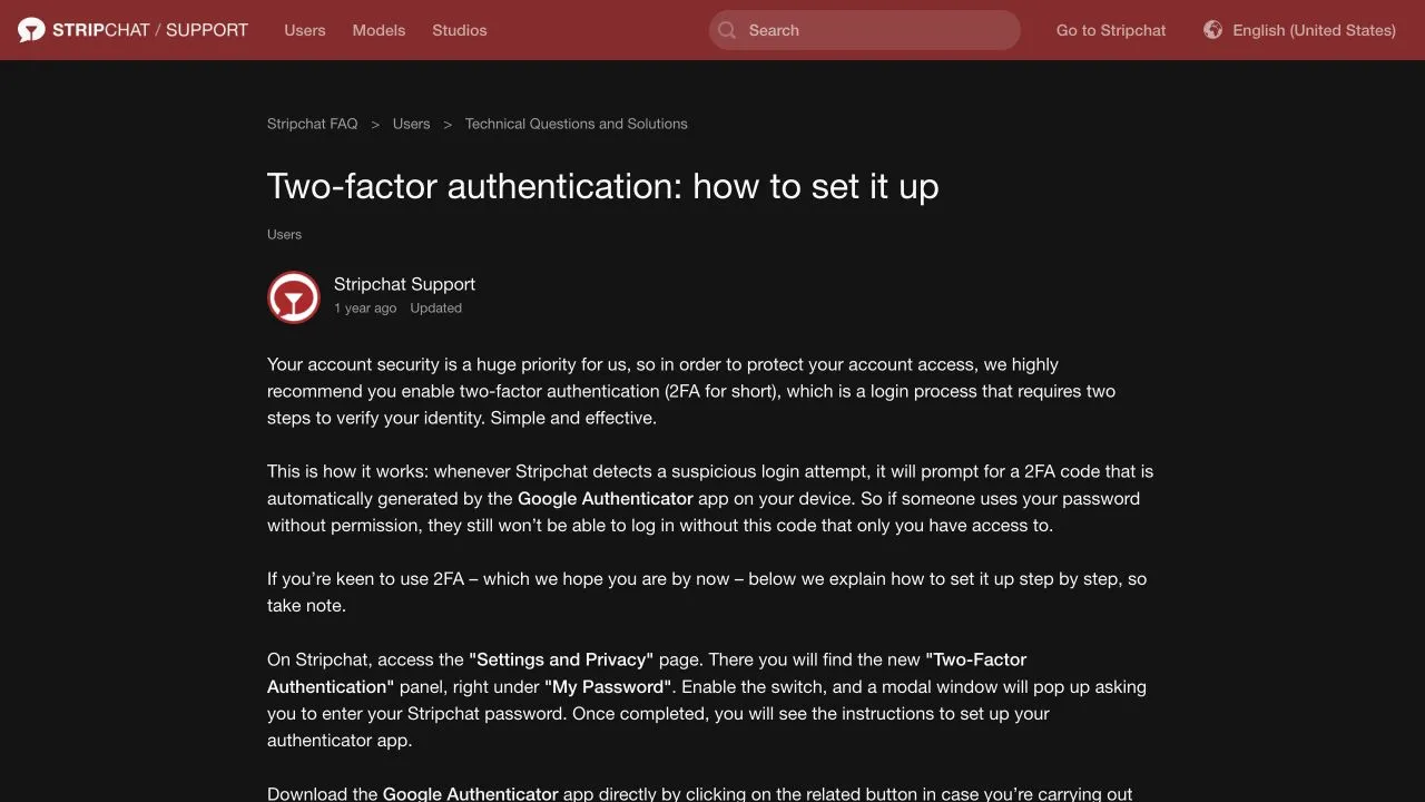 Stripchat's two-factor authentication guide explaining suspicious-login codes and the Two-Factor Authentication panel in Settings and Privacy