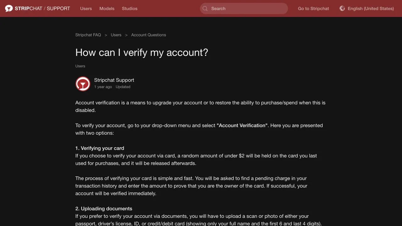 Stripchat help article describing Account Verification, its use for purchase or spending restrictions and the pending-card-amount option