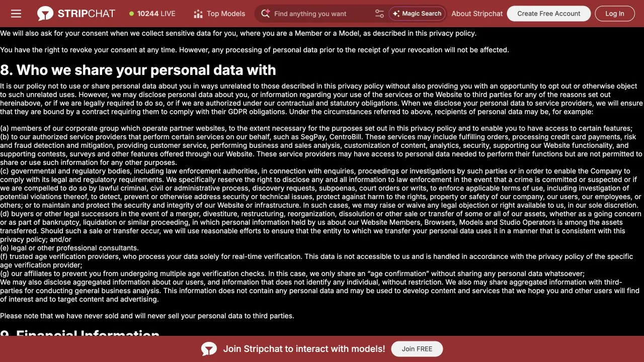 Stripchat privacy policy Section 8 showing clauses on age-verification providers processing data and sharing an age confirmation with affiliates