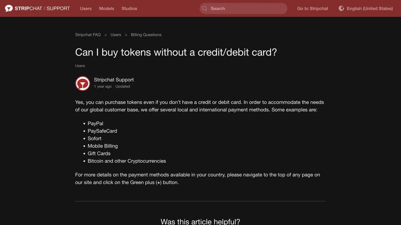 Stripchat help page listing alternatives to credit and debit cards and directing users to the purchase screen for country-specific options