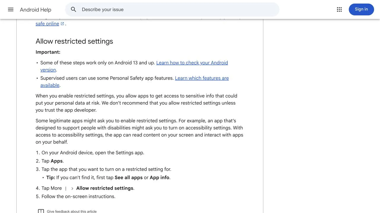 Android help warning that restricted settings expose sensitive information and explaining that accessibility access can read the screen and interact with apps