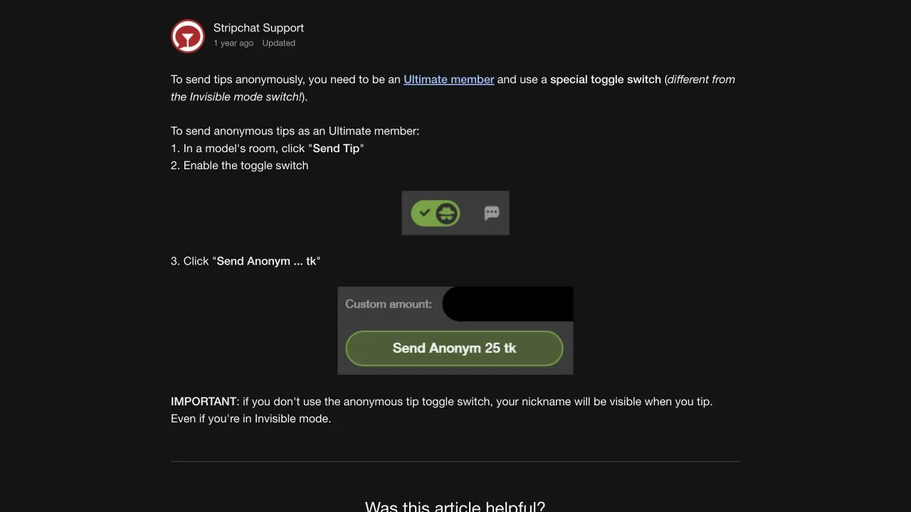 Stripchat help showing the anonymous-tip toggle, an anonymous-send example and a warning that ordinary tips reveal a nickname even in Invisible Mode