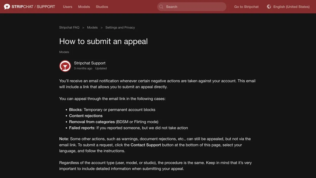 Stripchat appeal guide listing temporary and permanent blocks, the email appeal link and Contact Support for other actions