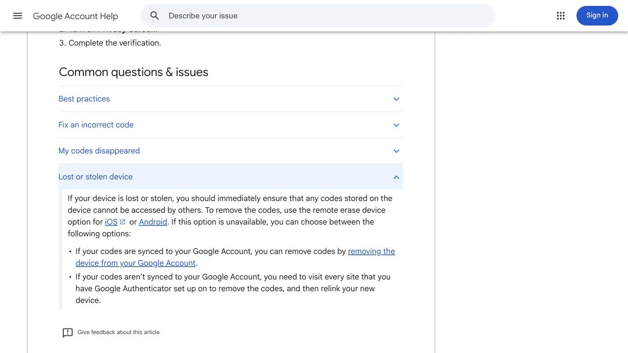 Google Authenticator help with the Lost or stolen device section expanded, explaining the need to protect stored codes and distinguish synced and unsynced entries