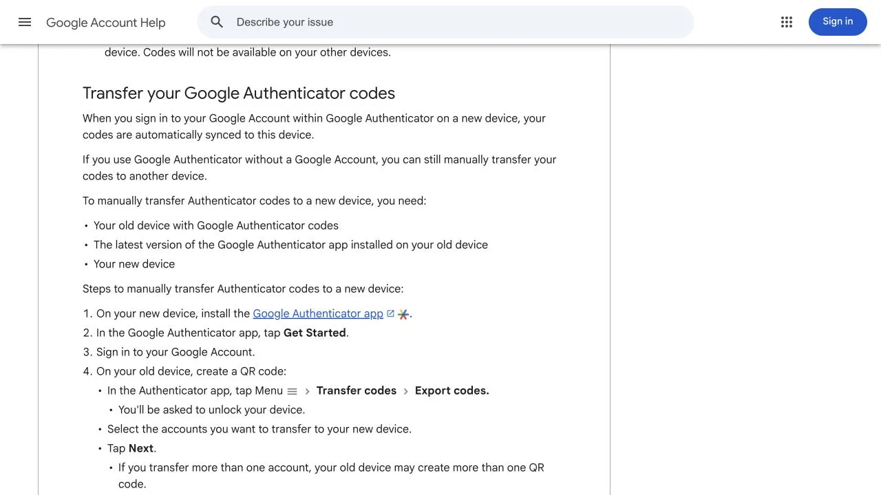 Google Authenticator help explaining synchronised codes and the devices required for a manual transfer