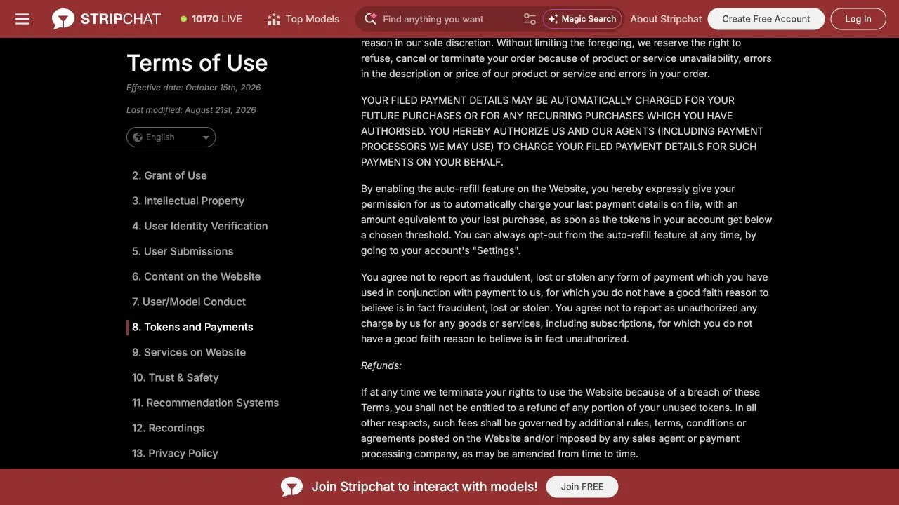 Stripchat payment terms explaining automatic charges, the last-purchase amount used for Auto-Refill and the start of the refund conditions
