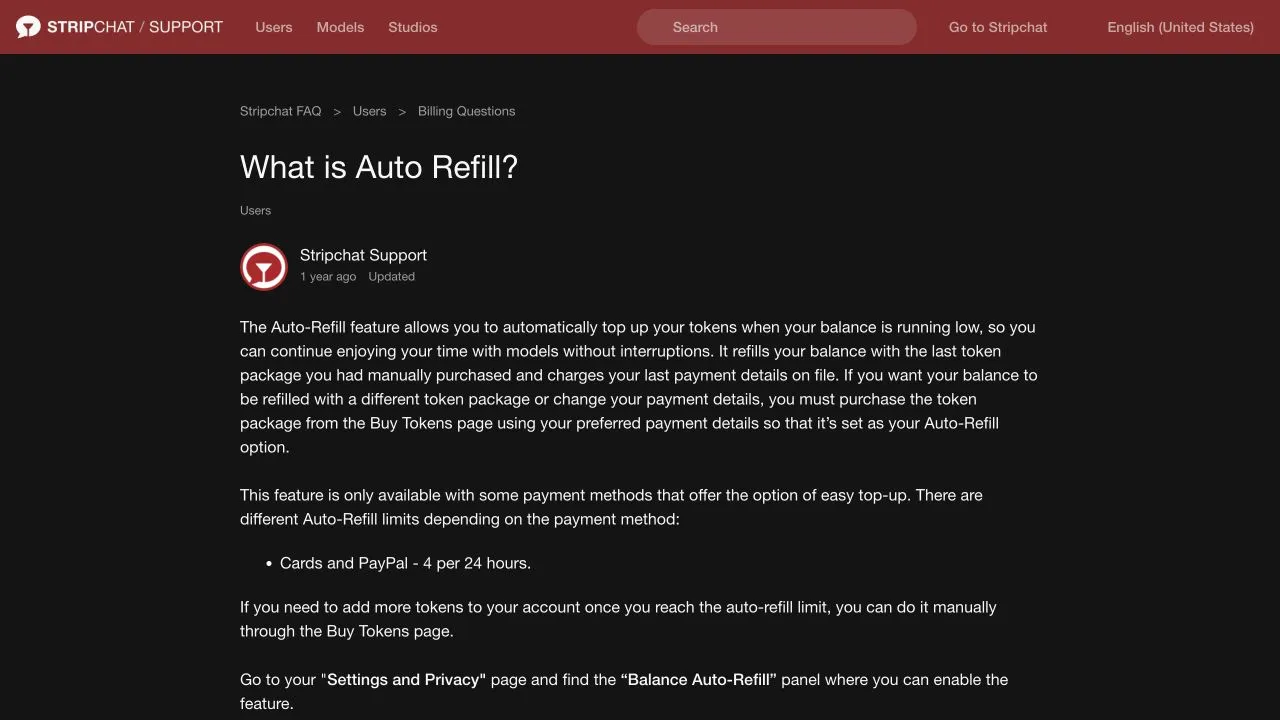 Stripchat Auto-Refill guide explaining the last package and payment details, the card and PayPal refill-count limit and the Balance Auto-Refill settings panel
