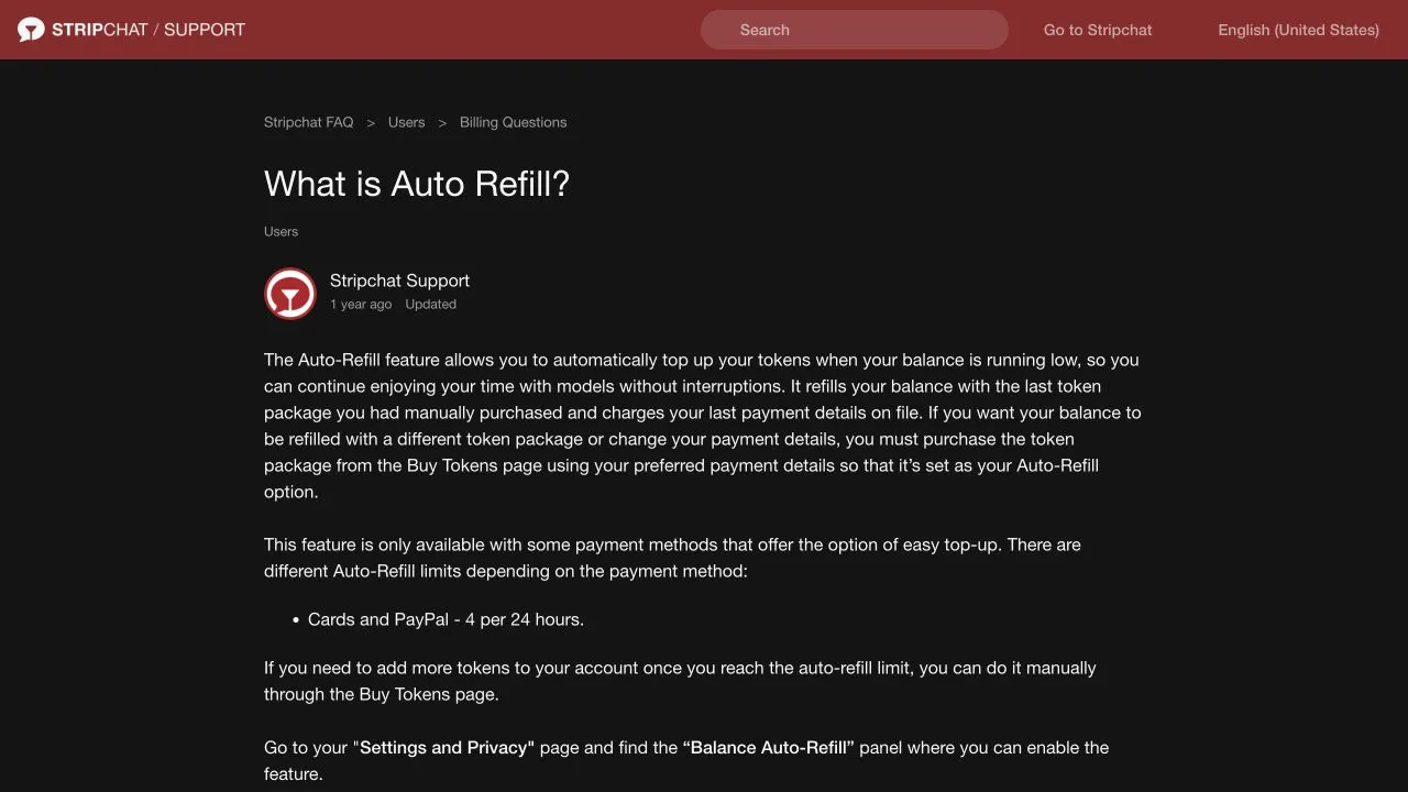Stripchat Auto-Refill help page explaining use of the last token package and payment details and identifying the Balance Auto-Refill settings panel