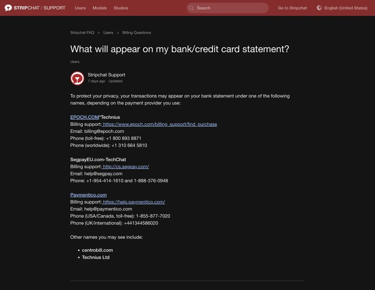 Stripchat billing help article showing payment-provider names that may appear on a bank or credit card statement
