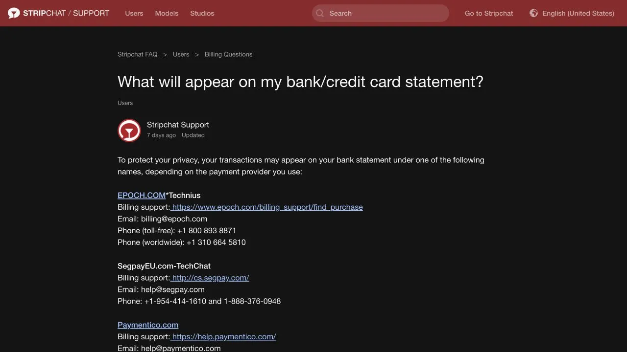 Stripchat billing guide showing the EPOCH.COM Technius and SegpayEU.com-TechChat descriptors and the Paymentico heading