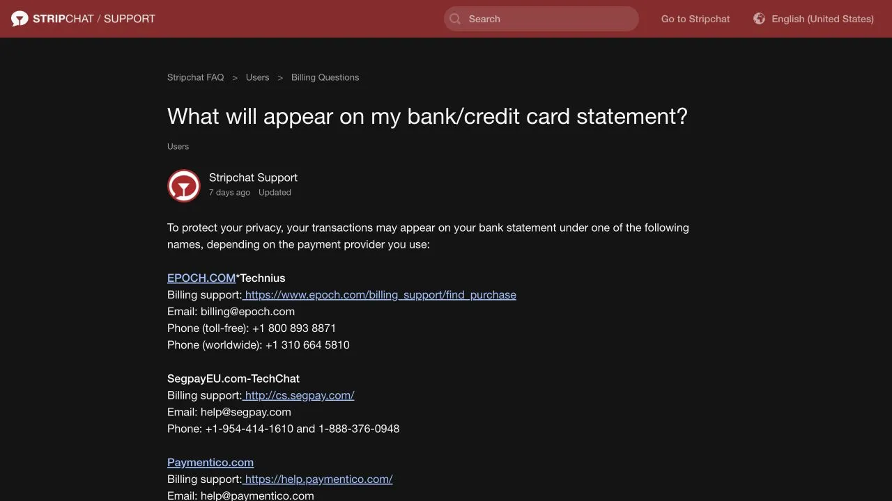 Stripchat statement guide explaining provider-dependent billing names and showing Epoch, Segpay and Paymentico information