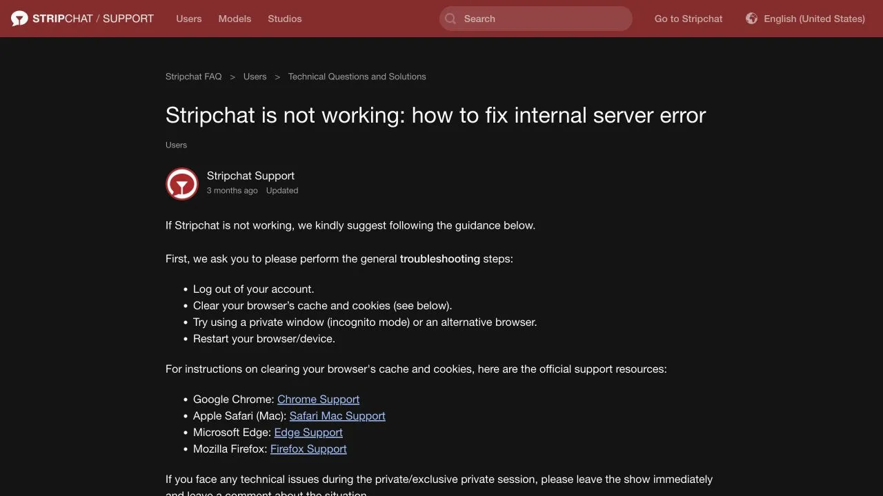 Stripchat troubleshooting guide listing browser sign-out, cache and cookies, private-window or alternative-browser checks and restart