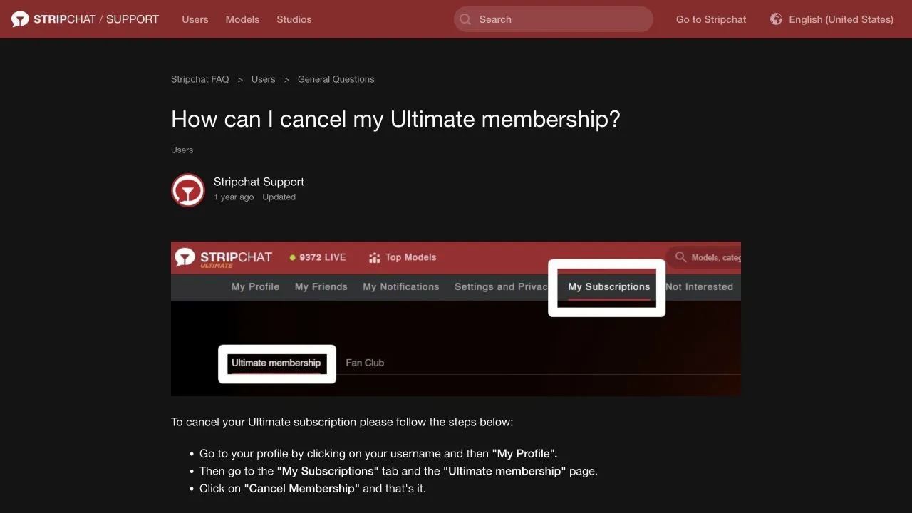 Stripchat Ultimate cancellation guide showing My Subscriptions and the Ultimate membership tab, with cancellation instructions
