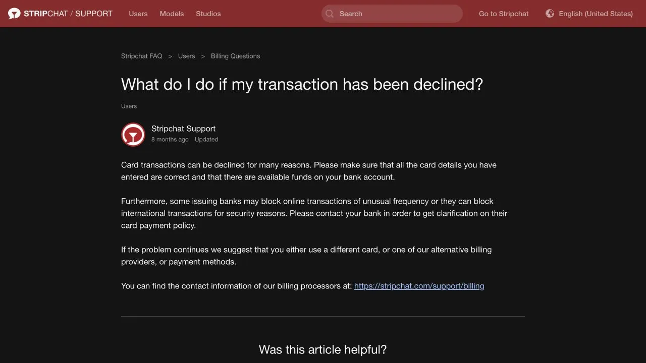 Stripchat decline guidance explaining checks for card details and available funds, issuing-bank restrictions and unusual transaction frequency