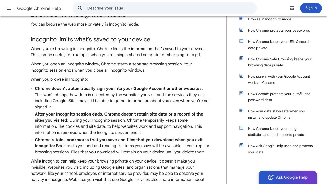 Google Chrome help explaining temporary incognito site data, retained downloads and bookmarks, and limits to online privacy