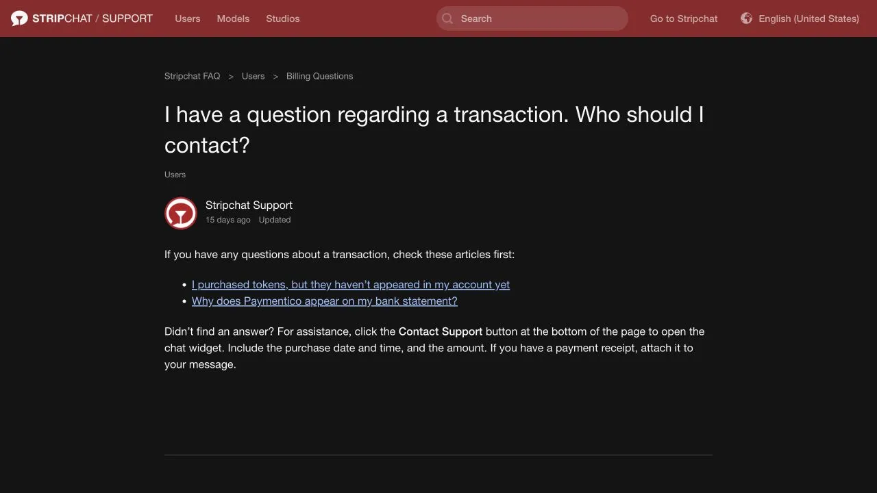 Stripchat transaction-help article directing users to Contact Support and asking for purchase date, time, amount and a receipt