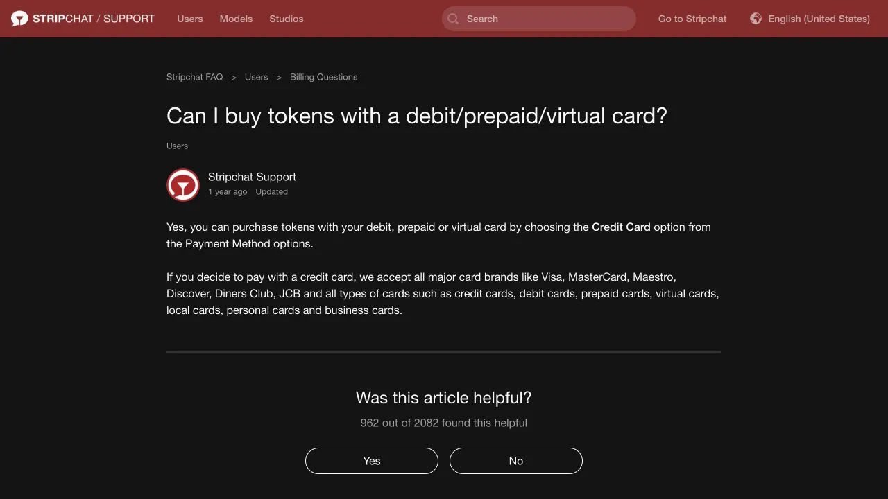 Stripchat help article explaining that debit, prepaid and virtual cards can use the payment option labelled Credit Card