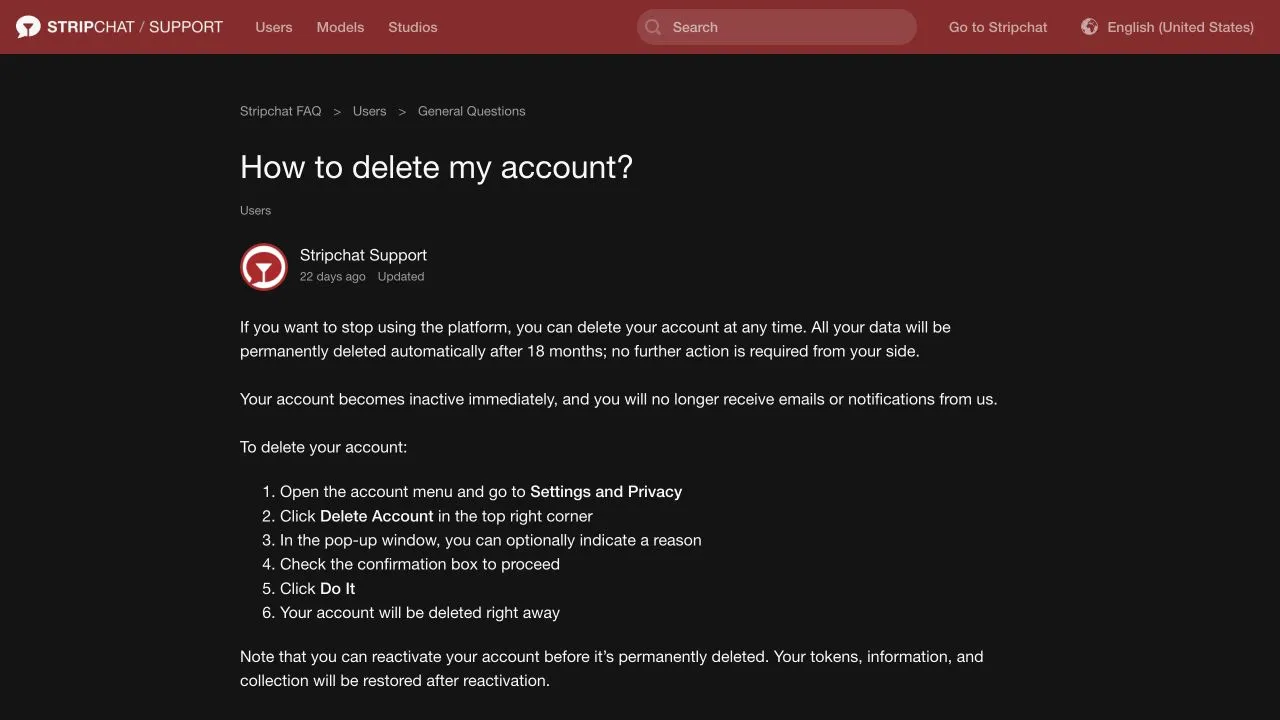 Stripchat user-account deletion guide showing Settings and Privacy, Delete Account, confirmation steps and the 18-month permanent-deletion period