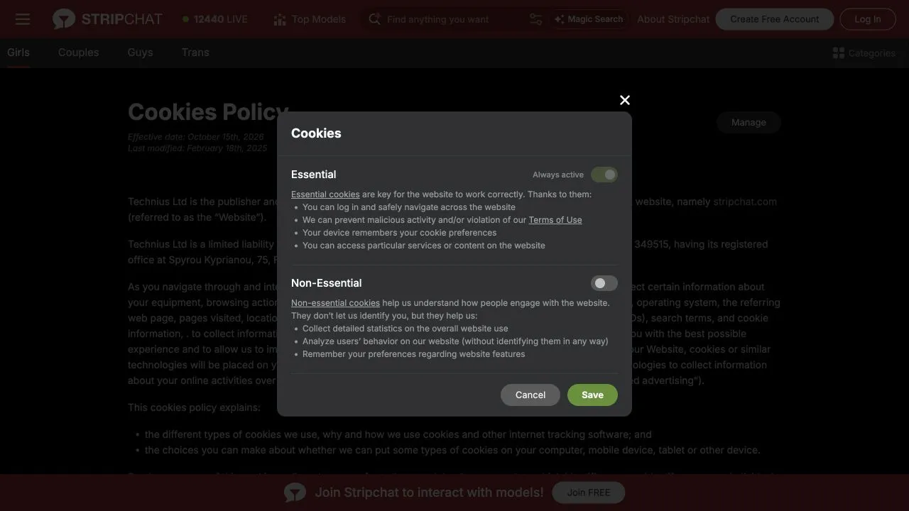 Stripchat cookie preferences dialog with essential cookies marked always active, a non-essential cookies control and Cancel and Save buttons