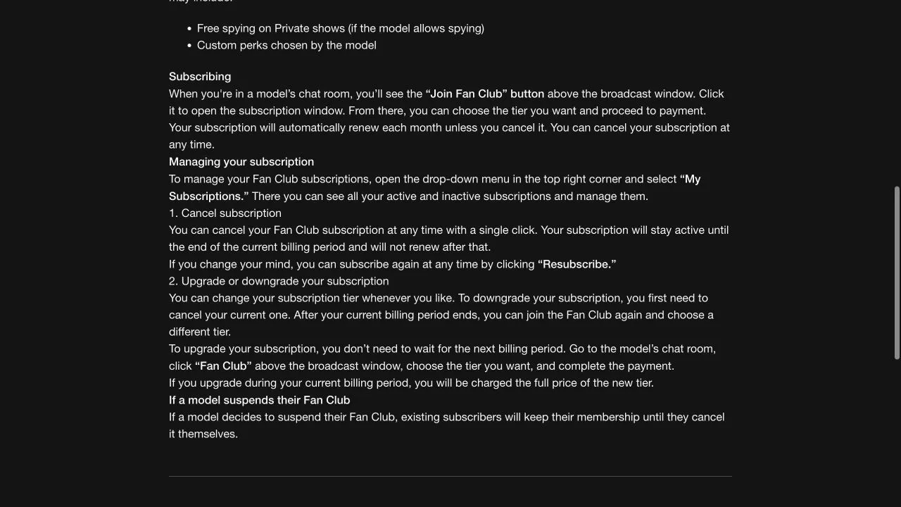 Stripchat Fan Club guide explaining My Subscriptions, cancellation with access until the current billing period ends, and management of subscription tiers