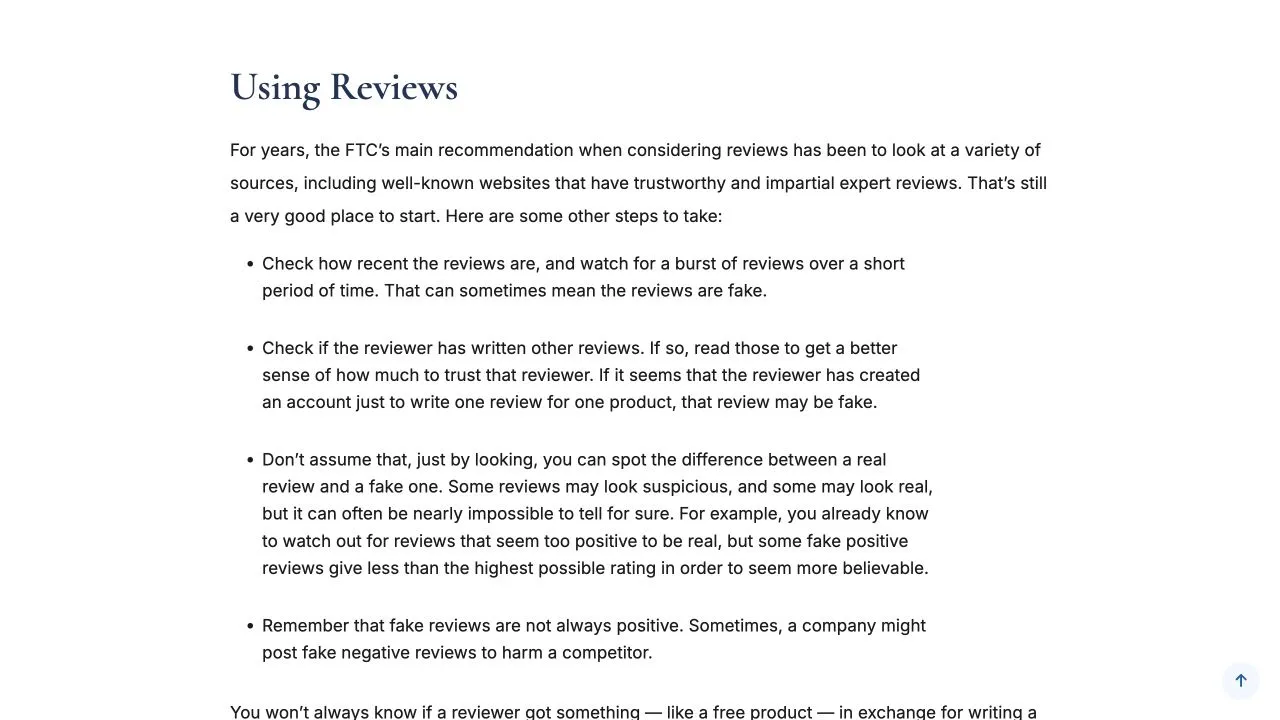 FTC guidance recommending several review sources and checking recency, reviewer history and the limits of identifying fake reviews