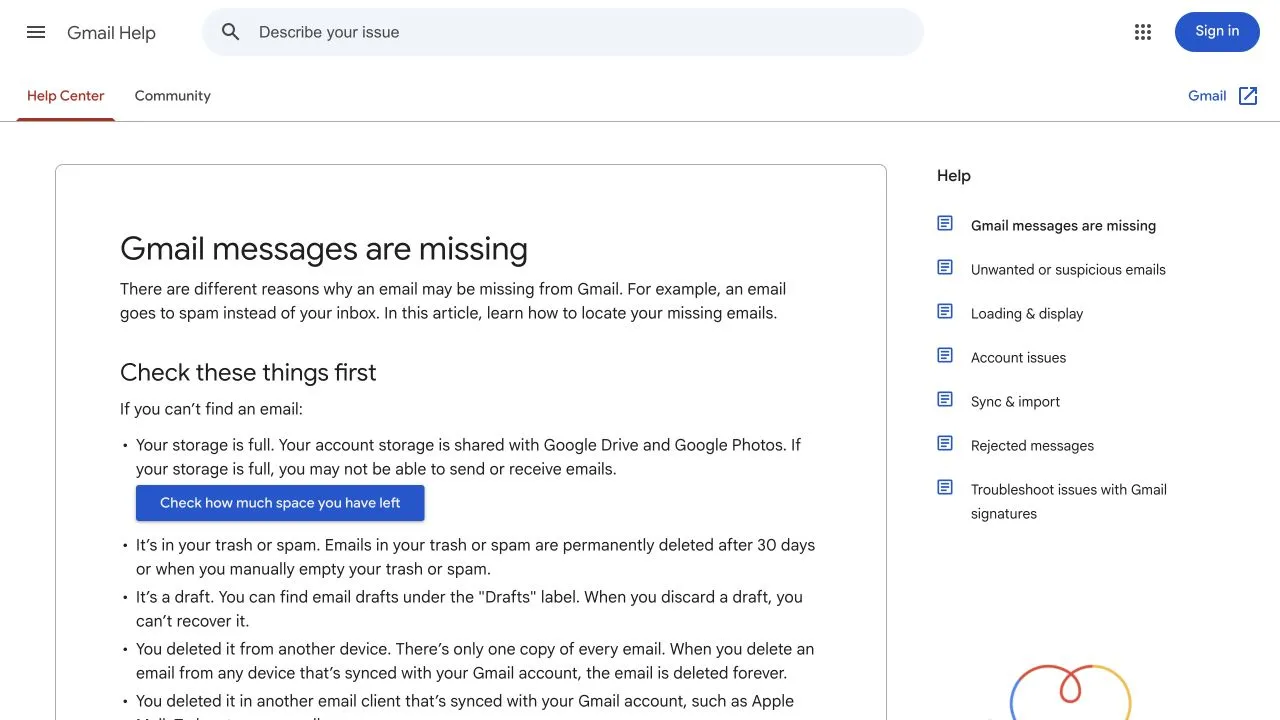 Gmail help listing storage, Spam, Trash and other reasons a message may be missing