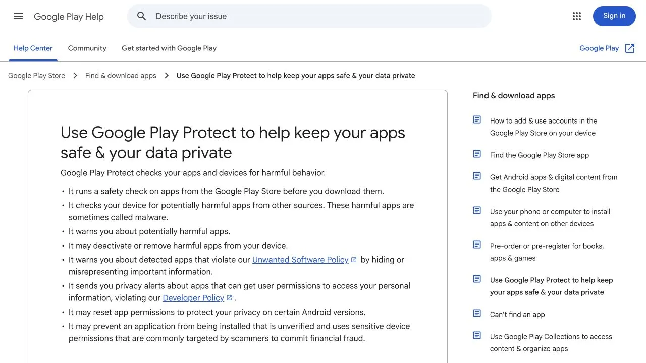 Google Play Protect help listing app safety checks, warnings, harmful-app removal and checks for apps from other sources