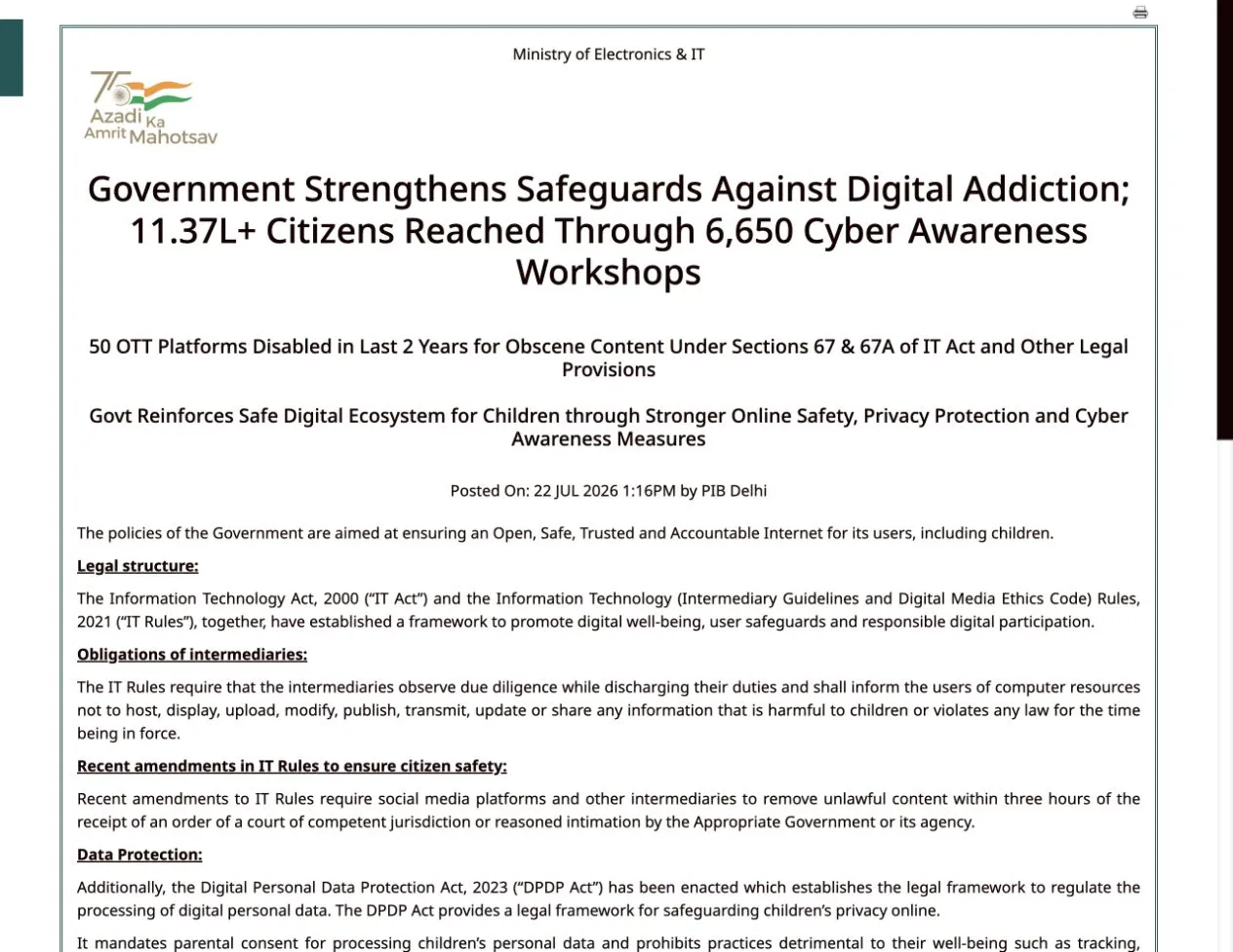 Government press release describing restrictions on 50 OTT platforms for obscene content without naming Stripchat