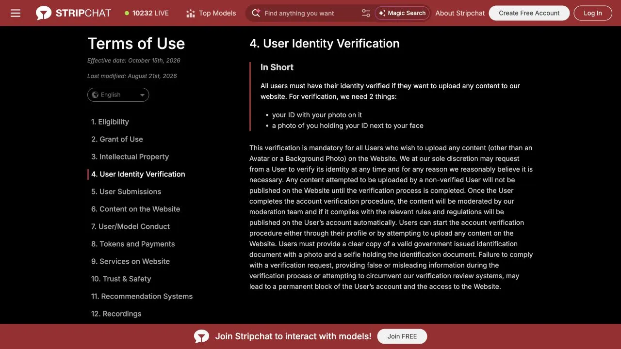 Section 4 of Stripchat Terms of Use showing the photo ID and selfie requirements, the upload exception for avatar or background photos and possible account restrictions