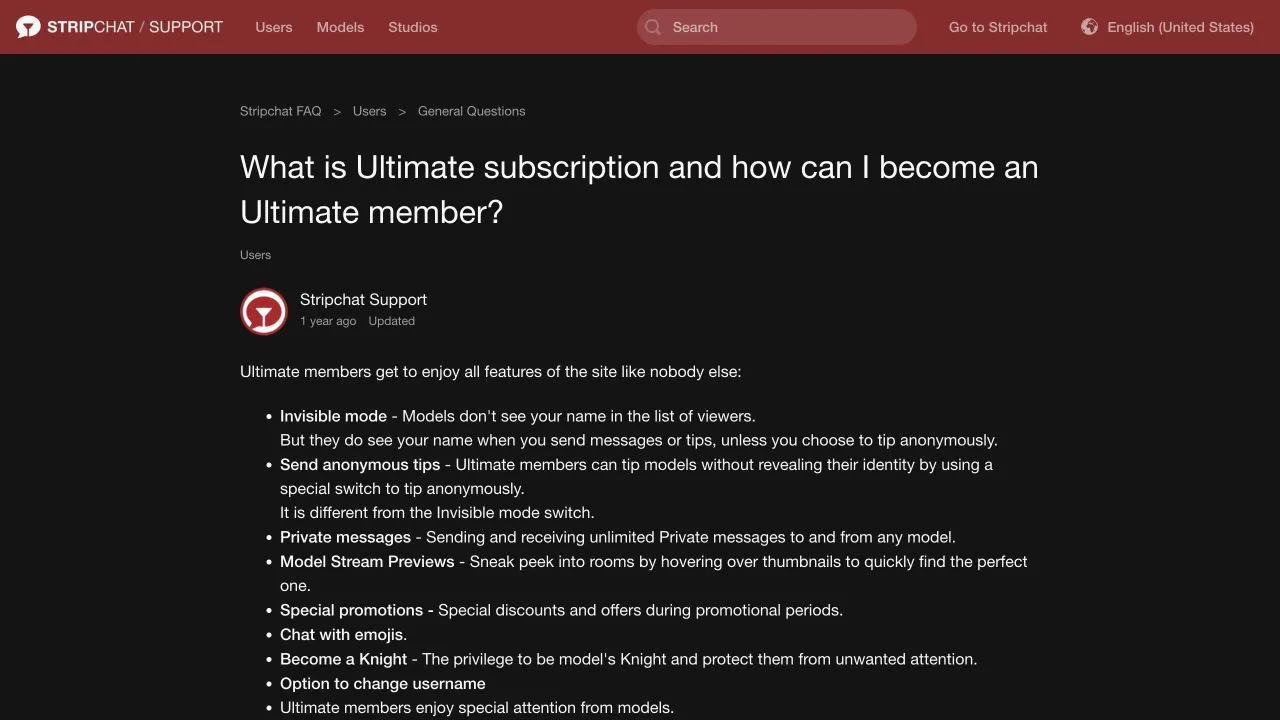 Stripchat Ultimate membership help explaining Invisible Mode, name visibility when messaging or tipping, and the separate anonymous-tip switch