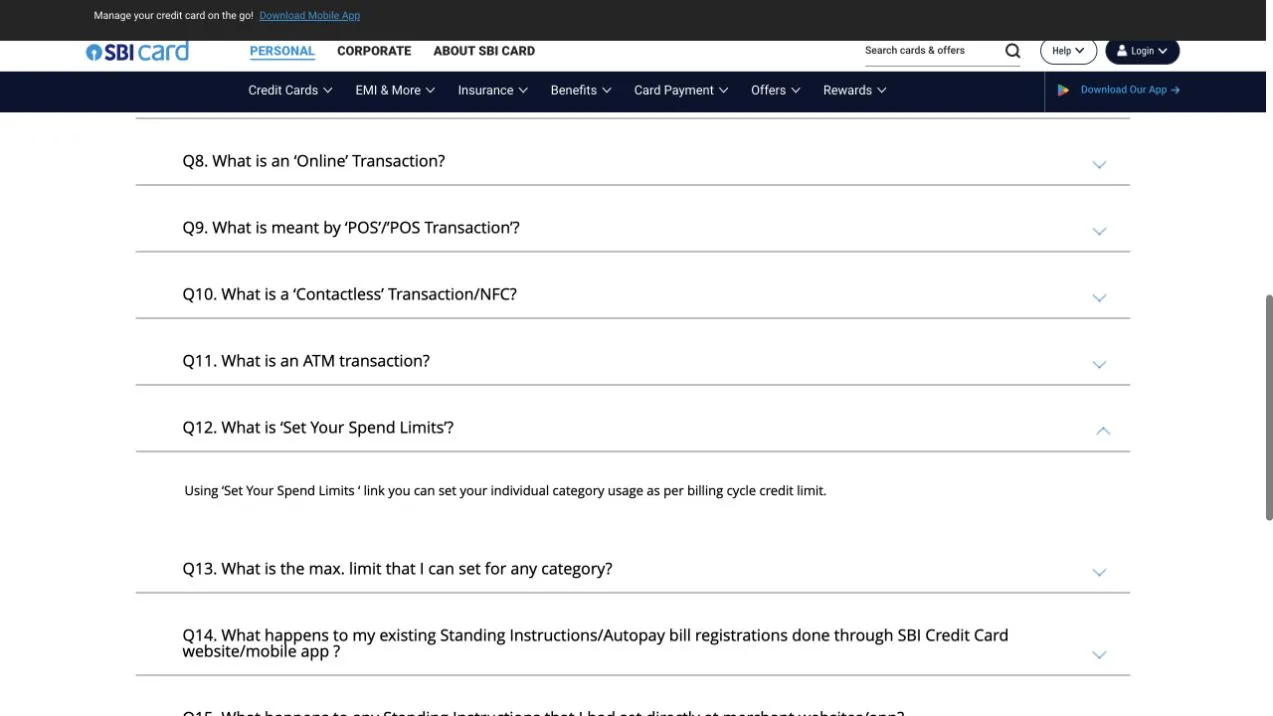 SBI Card FAQ with Set Your Spend Limits expanded, explaining individual category usage in relation to the billing-cycle credit limit