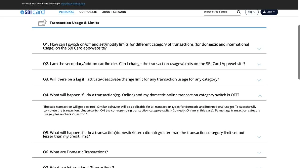 SBI Card Transaction Usage and Limits FAQ with the answer explaining declines when the relevant transaction-category switch is off