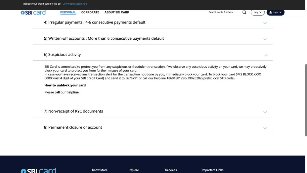 SBI Card's suspicious-activity FAQ advising customers to block the card after a transaction alert for a payment they did not make