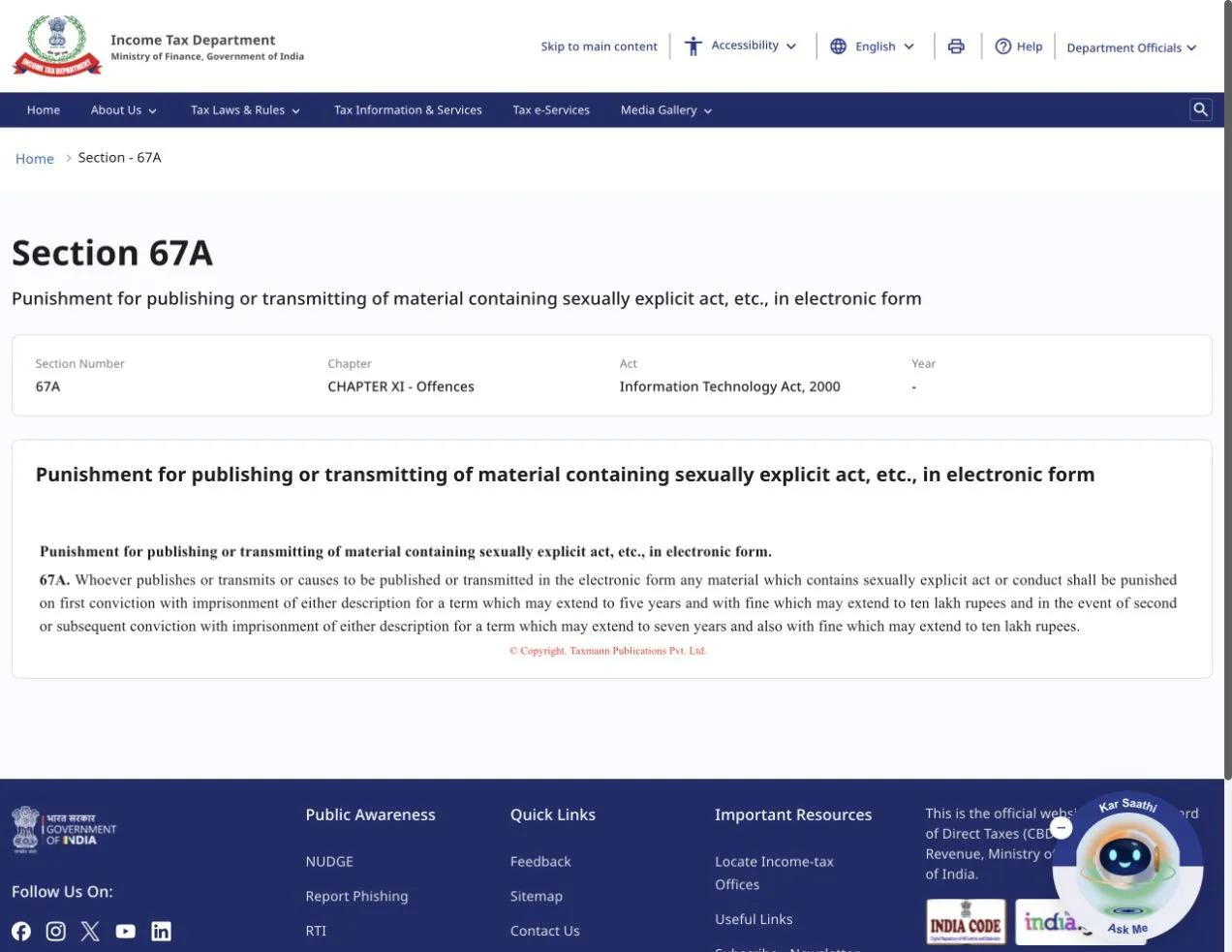 Government webpage reproducing Section 67A of the Information Technology Act on publishing or transmitting sexually explicit electronic material