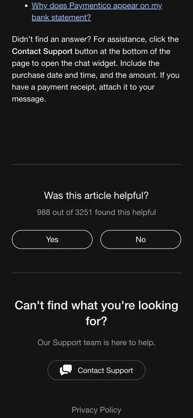 Stripchat transaction-help page on a narrow screen showing the requested purchase details and Contact Support button