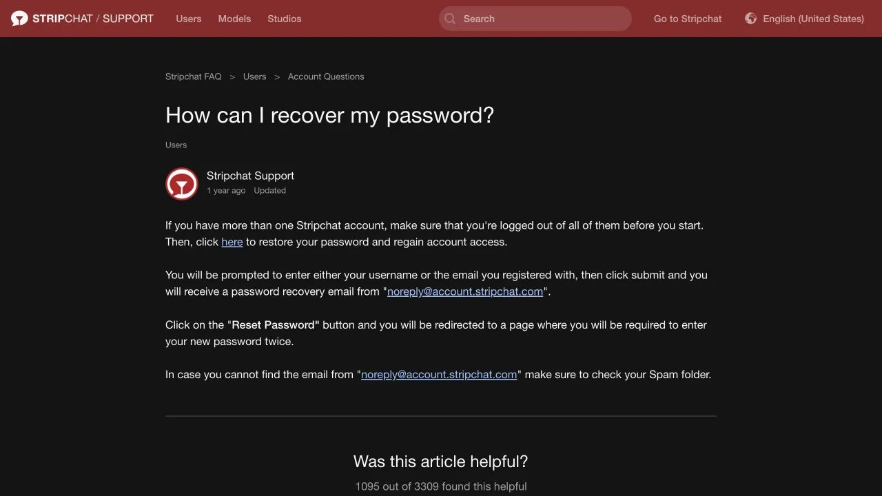 Stripchat password-recovery guide explaining the username or registered-email request and the reset email