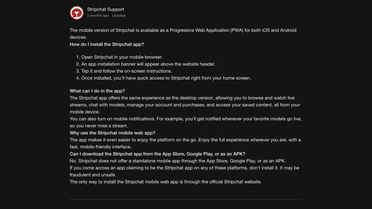 Stripchat mobile-app guidance describing its iOS and Android PWA, installation banner and official website distribution