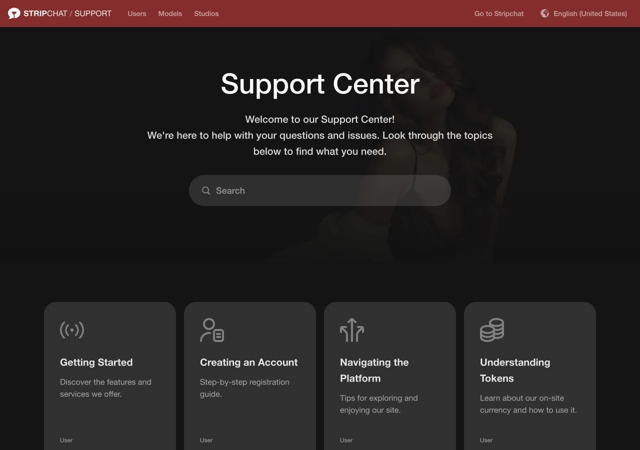 Stripchat Support Center homepage with search and cards for getting started, account creation, platform navigation and tokens