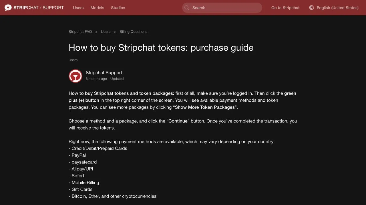 Stripchat purchase instructions showing how to choose token packages and noting that payment methods can vary by country