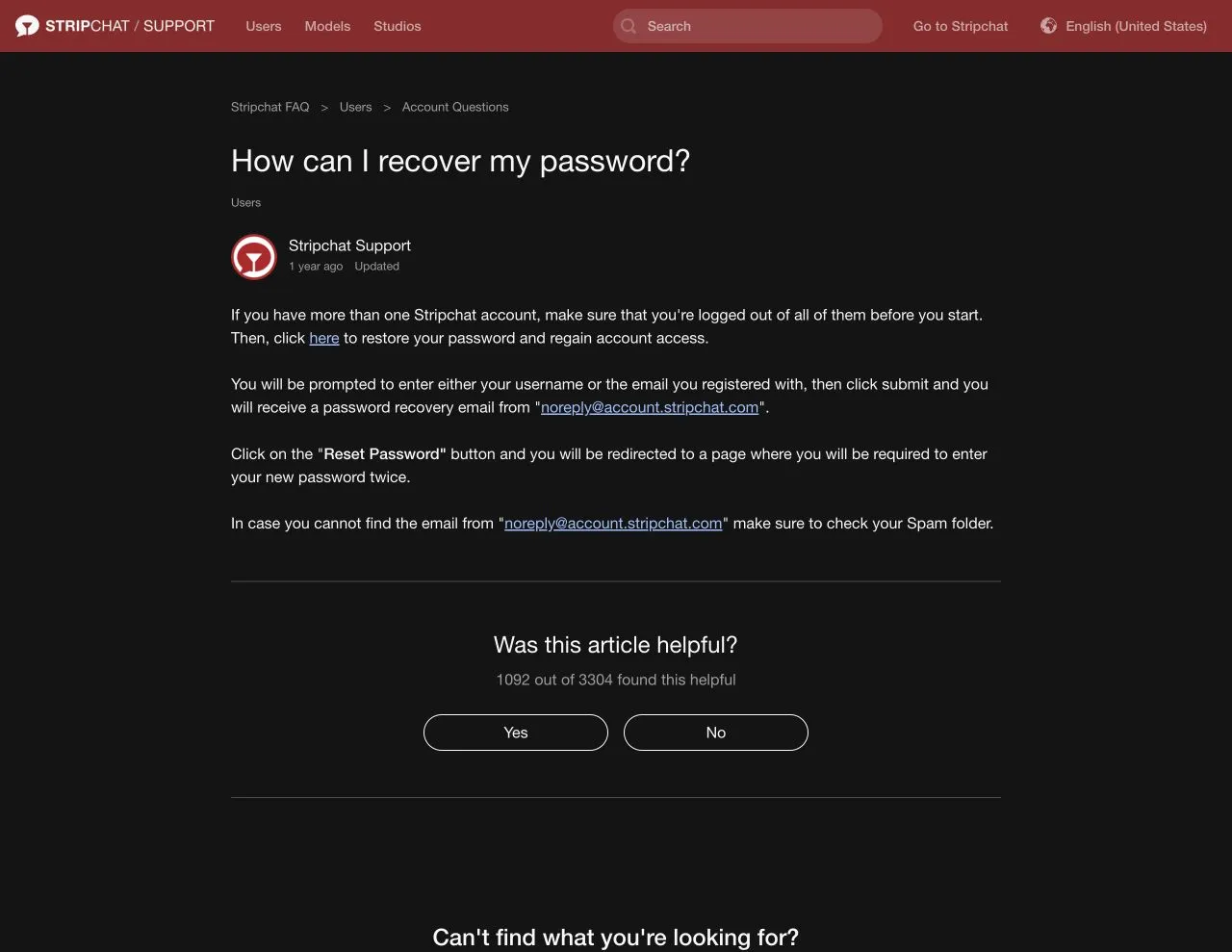 Official Stripchat password recovery article describing the reset process through a username or registered email