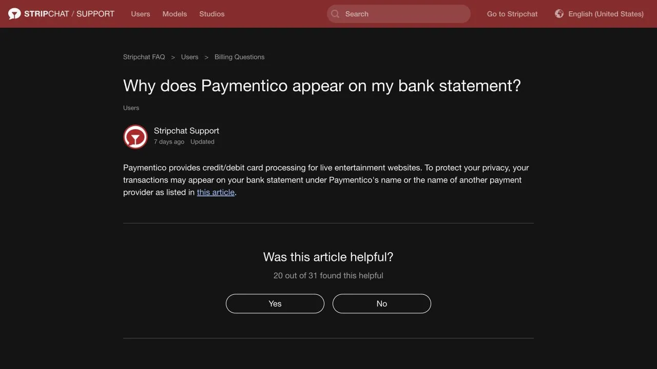 Stripchat support article explaining that Paymentico processes credit and debit card payments for live entertainment websites