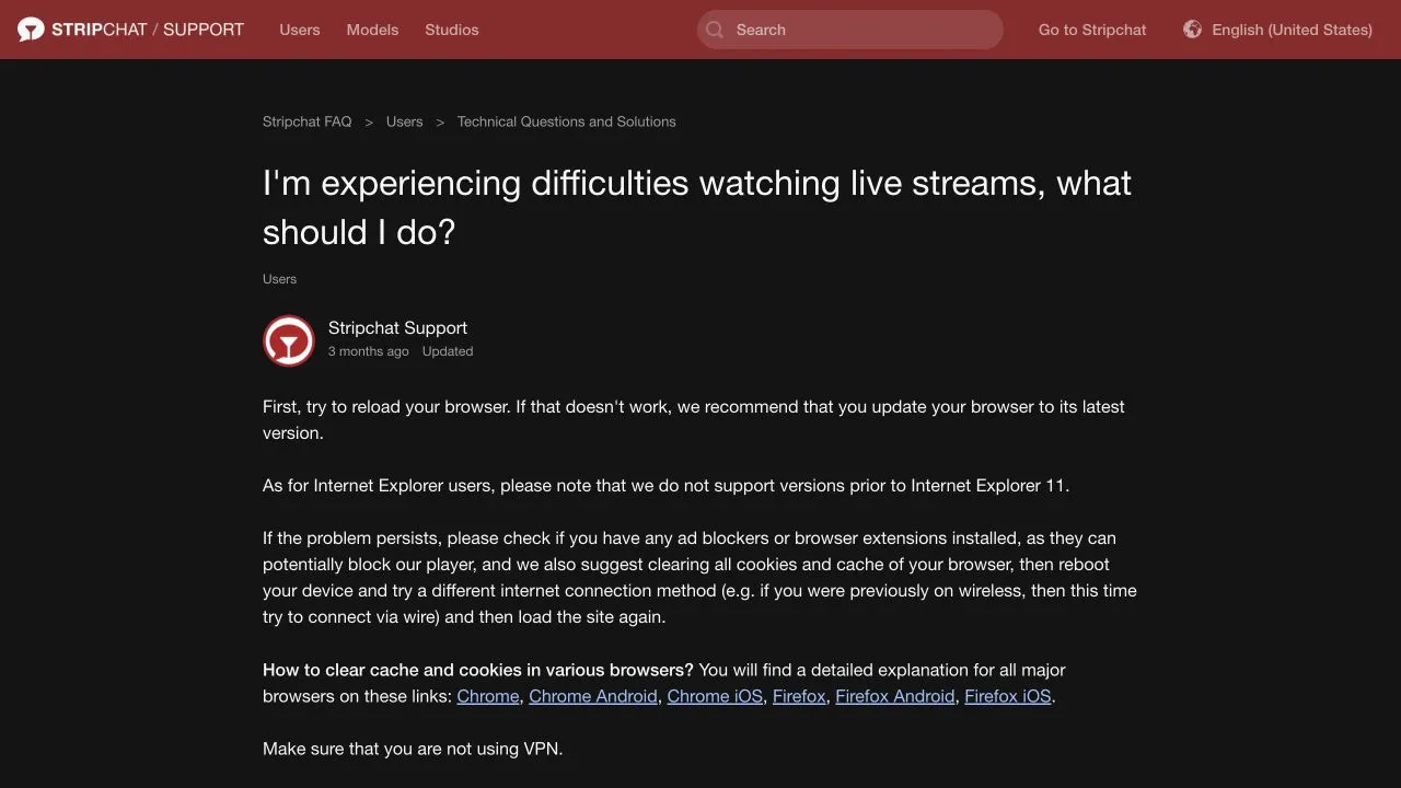 Stripchat live-stream help discussing browser updates, extensions that may affect the player and connection comparisons