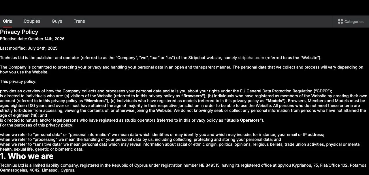 Section four of Stripchat's privacy policy listing data categories for visitors and registered members