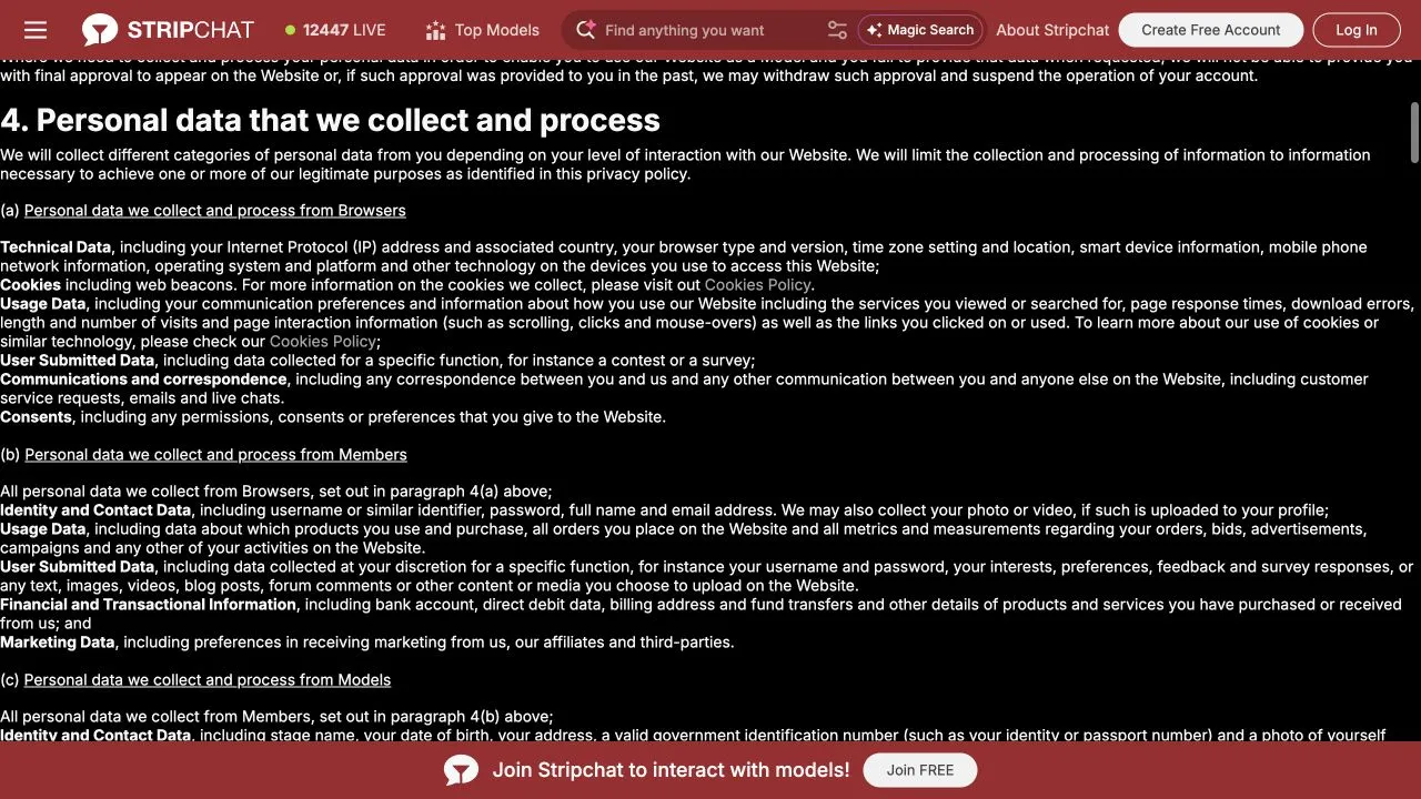 Stripchat privacy policy section listing browser and member data categories