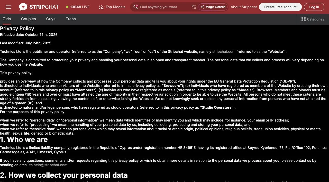 Stripchat's Privacy Policy page showing the operator name and its introduction to data handling for visitors and members