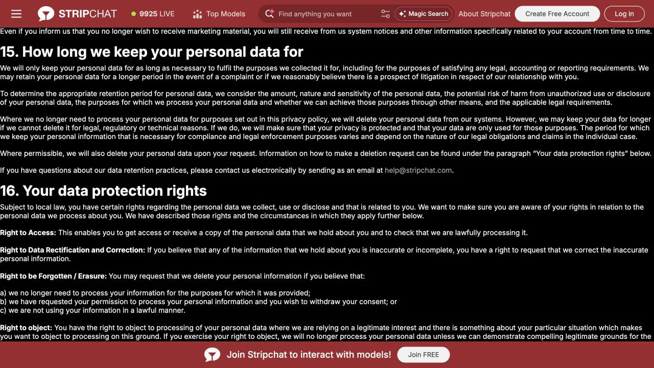 Stripchat privacy policy sections on retention purposes, longer retention conditions and qualified personal-data erasure requests