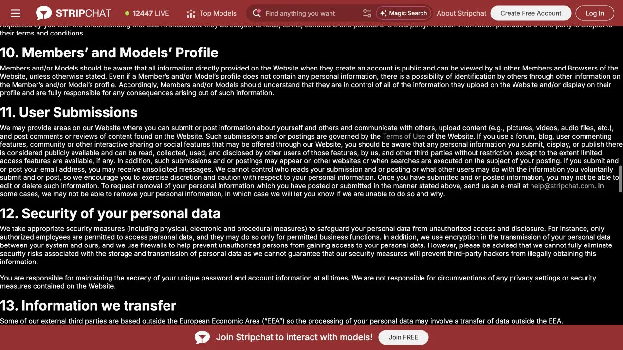 Stripchat privacy policy sections on profiles, user submissions and security