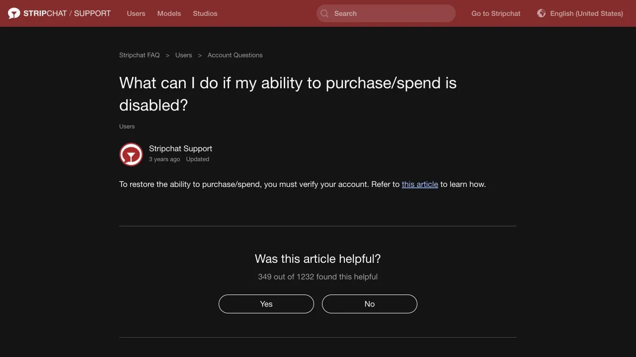 Stripchat user-help article saying account verification is required to restore disabled purchasing or spending
