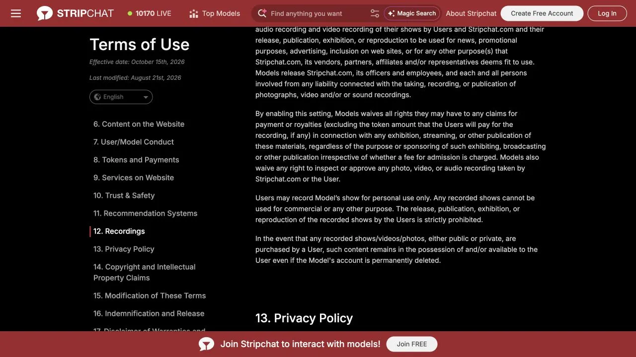 Stripchat recording terms restricting users to personal use, prohibiting publication and explaining access to purchased content after a model account is deleted