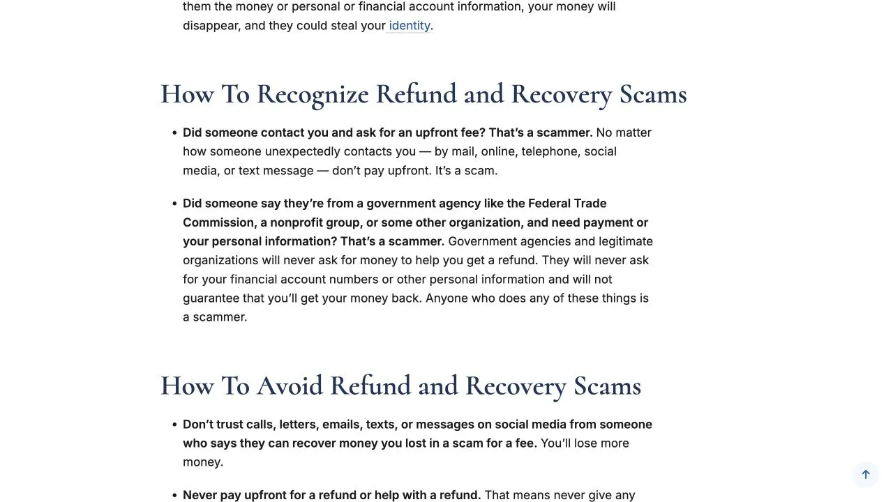 FTC consumer guidance warning about unsolicited recovery offers, upfront fees and claims of guaranteed refunds
